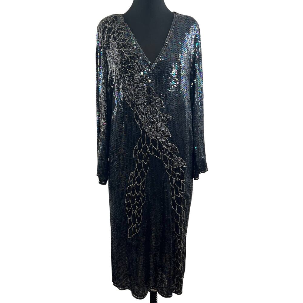 VTG Shakti 100% Pure Silk Iridescent Sequin Bead Long Sleeve VNeck Midi Dress M